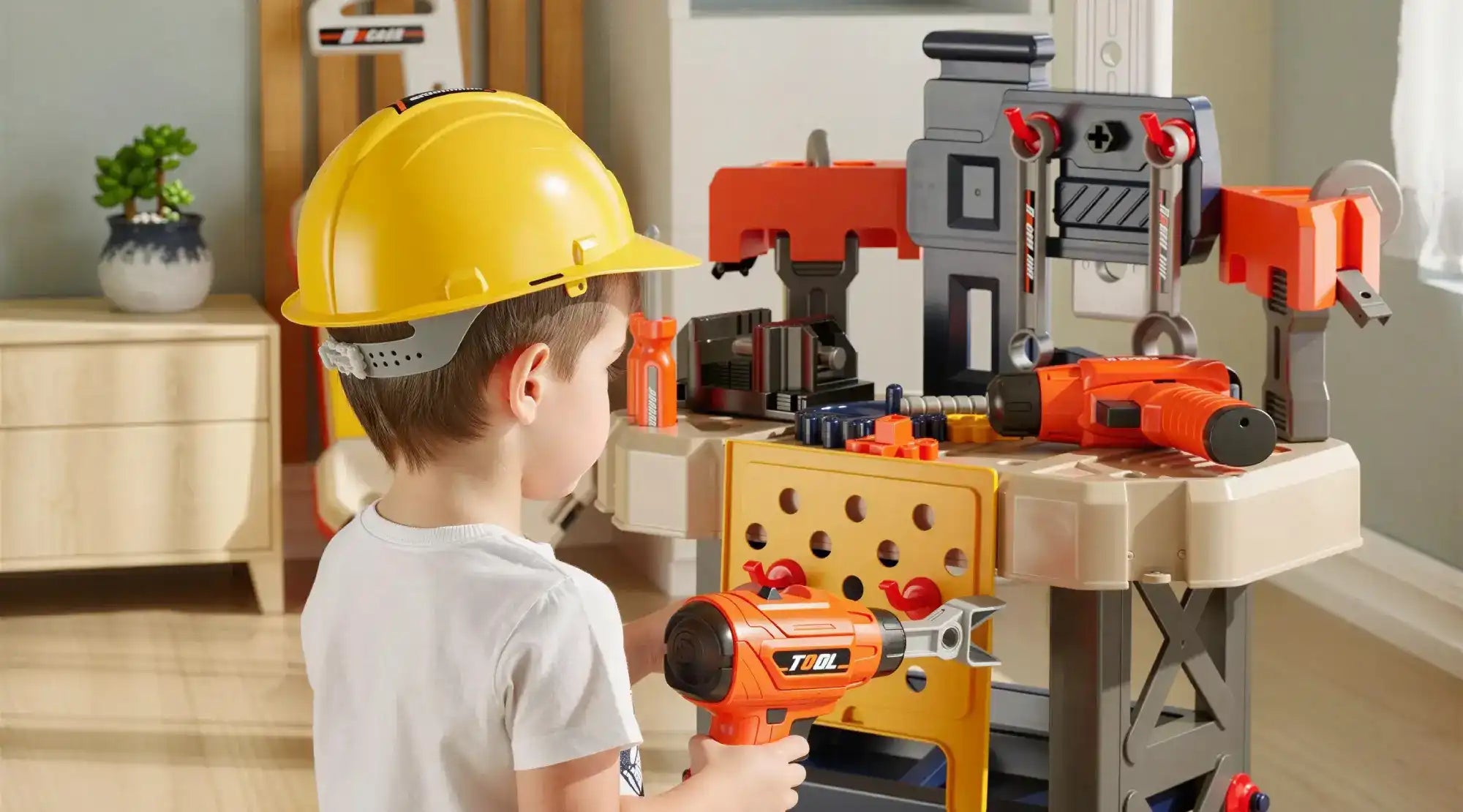 Barn leger med SuperBuilder værktøjsbænk og bruger legetøjsboremaskine