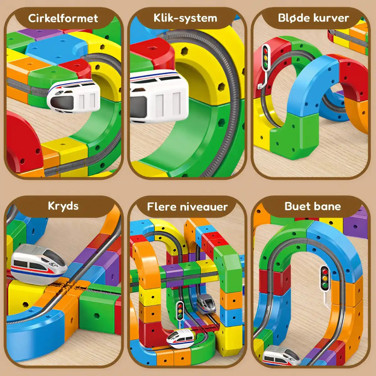 SuperTracks togbane funktioner vist med cirkelform, klik-system, bløde kurver, kryds, flere niveauer og buet bane
