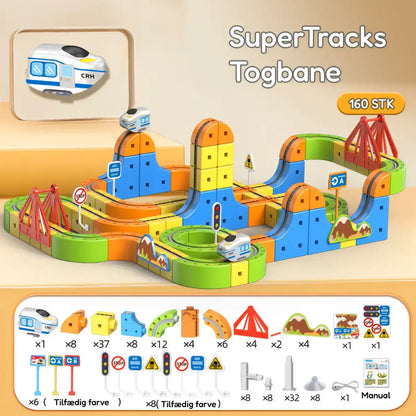 SuperTracks togbanesæt med 160 dele til børn – farverig byg-selv tog bane med broer, sving, skilte og tog