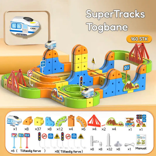 SuperTracks togbanesæt med 160 dele til børn – farverig byg-selv tog bane med broer, sving, skilte og tog